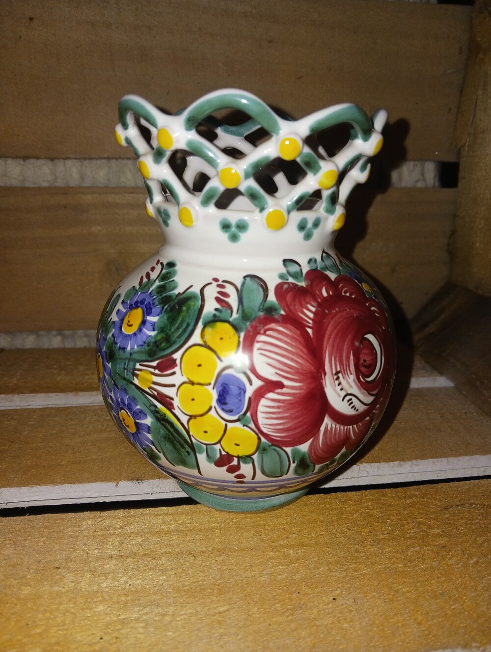 Hand-Painted Floral Ceramic Vase in Red, Yellow & Green